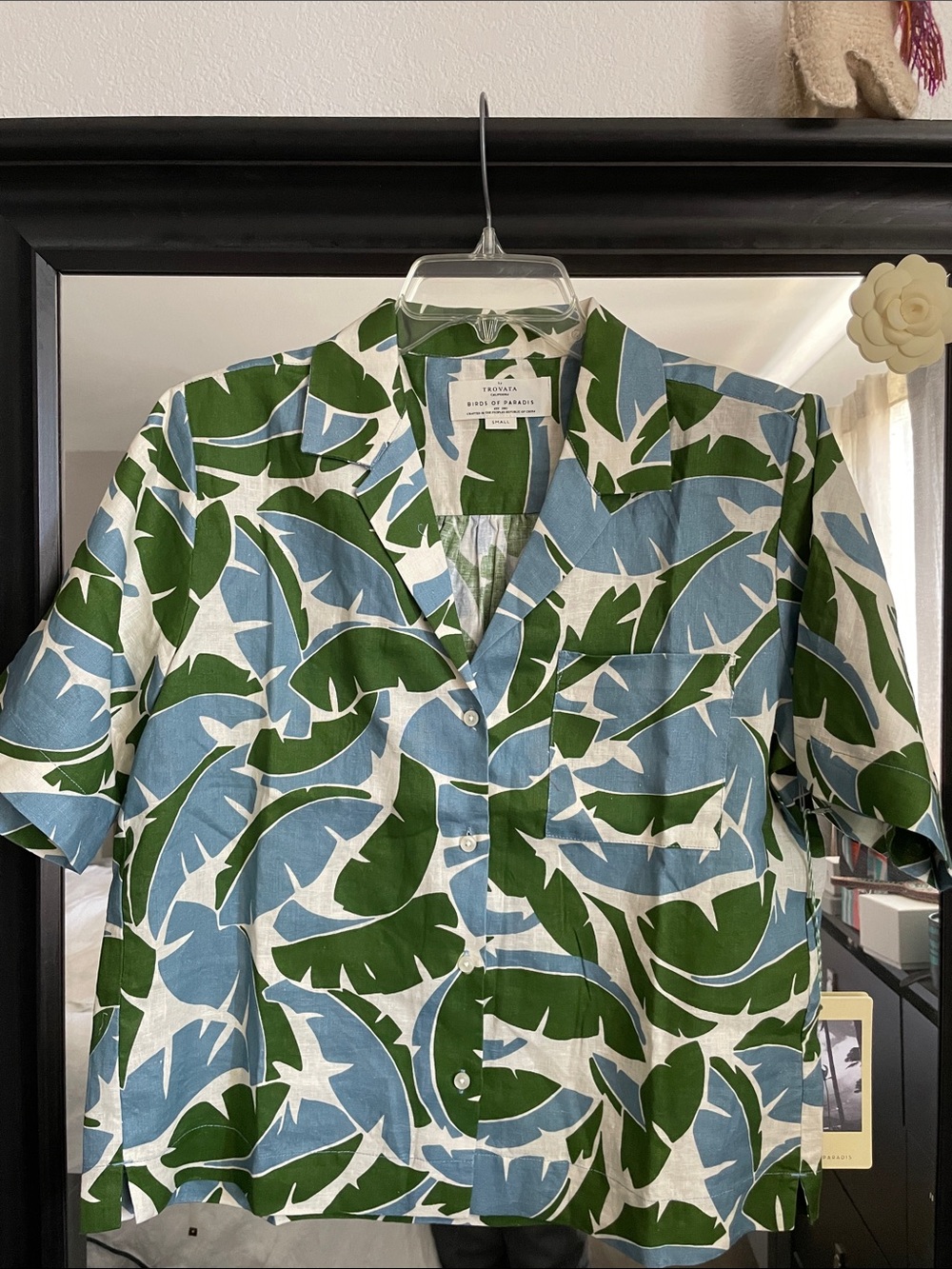 Trovata Blue, Green and White Tropical Leaf Print Button-Down Top